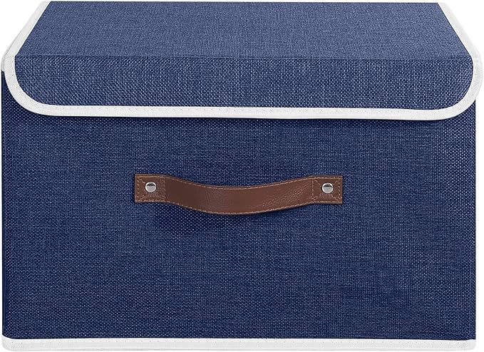 ANMINY Storage Bin with Lid Storage Boxes with PU Leather Handles PP Plastic Board Decorative Foldable Lidded Cotton Linen Fabric Home Cubes Baskets Closet Organizer Container - Blue, Large Size-CubbioJoy