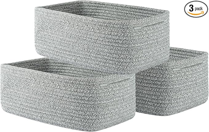 KALLAX Small Woven Basket, 13.5 x 9.5 x 5 Inches, Storage Basket for Organizing, Cute Small Rope Shelf Closet Cube Storage Bins Baskets for Shelves, Dog Toy Gift Baskets Empty, 3 Packs, Mixed Grey-CubbioJoy