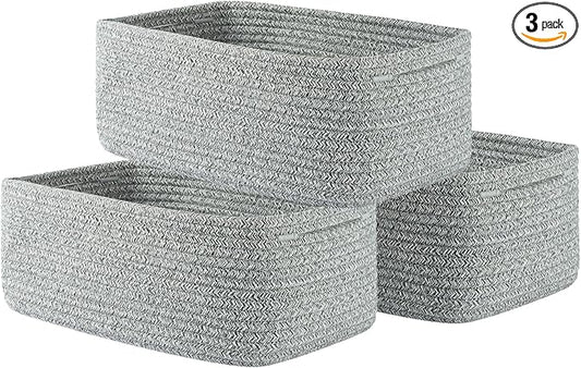 KALLAX Small Woven Basket, 13.5 x 9.5 x 5 Inches, Storage Basket for Organizing, Cute Small Rope Shelf Closet Cube Storage Bins Baskets for Shelves, Dog Toy Gift Baskets Empty, 3 Packs, Mixed Grey-CubbioJoy