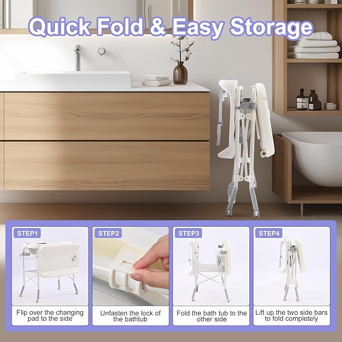 2-in-1 Baby Bathtub with Changing Table, Foldable Diaper Changing Station with 4 Wheels, Waterproof Pad, Storage Rack and Baby Bath Tub, Adjustable Height Portable Nursery Organizer for Newborn Infant-CubbioJoy
