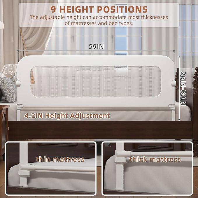 Bed Rail for Toddlers, Baby Bed Rail Guard for Kids, Toddler Bed Rails with Reinforced Anchor Fit, Height Adjustable & Foldable Bed Rail Guard for Twin, Full, Queen & King Beds (White, 59IN)-CubbioJoy