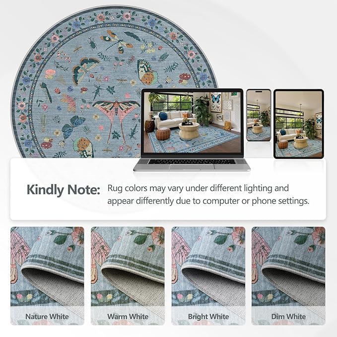 4ft Washable Round Rug - Bug Rugs for Living Room Non-Slip Low Pile Soft Ultra-Thin Machine Washable Circle Carpet for Bedroom, Entryway, Nursery, Kitchen, Home Office (4' Round Blue)-CubbioJoy