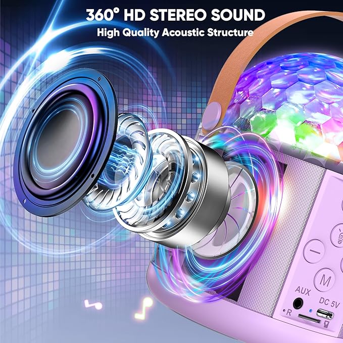 Karaoke Machine with Disco LED Lights for Adults Kids, Portable Bluetooth Speaker with 2 Wireless Microphone, Gifts Toys for 3-12+ Kids Birthday Family Home Party-CubbioJoy
