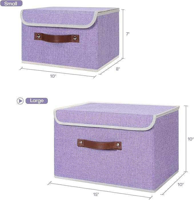 ANMINY Storage Bin with Lid Storage Boxes with PU Leather Handles PP Plastic Board Decorative Foldable Lidded Cotton Linen Fabric Home Cubes Baskets Closet Organizer Container - Purple, Large Size-CubbioJoy
