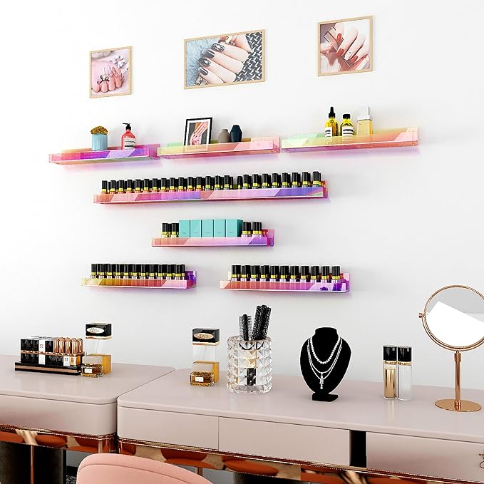 4 Pack 15 Inch Iridescent Acrylic Shelves, Clear Rainbow Floating Shelves for Wall, Modern Sunglasses Essential Oil Picture Ledge Display Toy Storage Wall Shelf-CubbioJoy