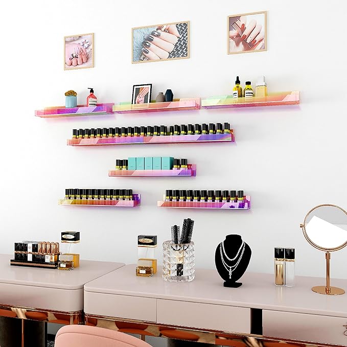 8 Pack 15 Inch Iridescent Acrylic Shelves, Clear Rainbow Kids Floating Bookshelf for Kids Room, Modern Sunglasses Essential Oil Picture Ledge Display Toy Storage Wall Shelf-CubbioJoy