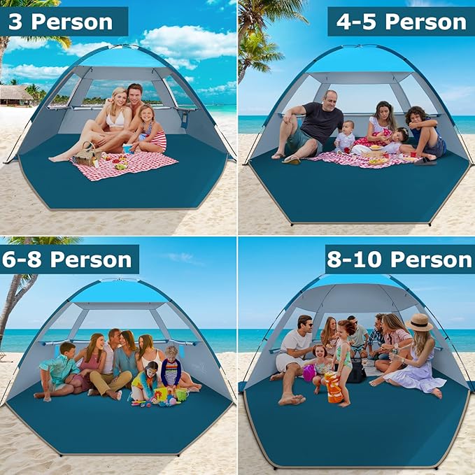 COMMOUDS Beach Tent Sun Shade for 3/4-5/6-7/8-10 Person, UPF 50+ Beach Sun Shelter Canopy Tent, Lightweight, Easy Set Up and Carry-CubbioJoy