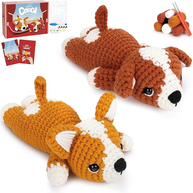 Crochet Kit for Beginners, 2 Adorable Corgi Dog Crochet Animals Kits, Easy Beginner Crochet Kit for Adults & Kids, Women & Men, DIY Craft Knitting Kit with All Supplies-CubbioJoy