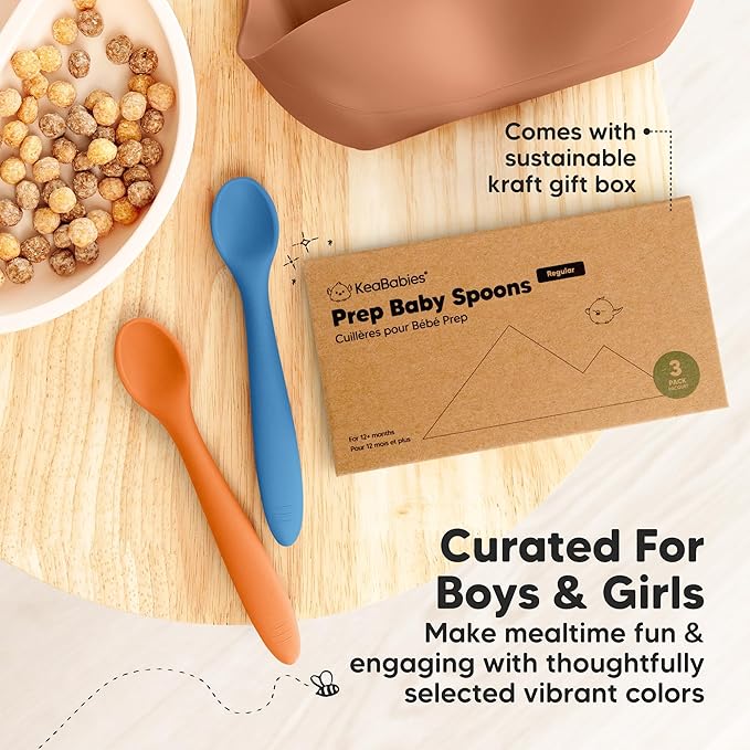 KeaBabies Silicone Baby Spoons, Self Feeding 6-12 months - 3-Pack Baby Weaning Eating Utensils, Toddler First Food Training Spoon, Infant, Kids Feeding Supplies Essential Set, Dishwasher-safe (Kea)-CubbioJoy