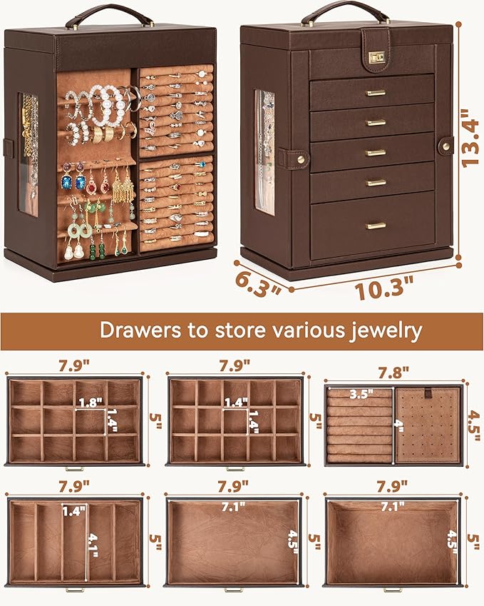 AKOZLIN 360° Rotating Jewelry Box 6-Tier Organizer Functional Jewelry Storage Case for Women Girls Ring Necklace Earring Bracelet Holder with Mirror Brown-CubbioJoy