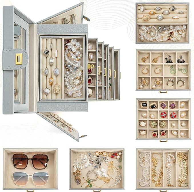 AKOZLIN Large Jewelry Box Organizer Functional Lockable with Big Mirror, Leather Jewelry Storage Case for Women Girls Ring Necklace Earring Bracelet Holder Organizer Grey-CubbioJoy