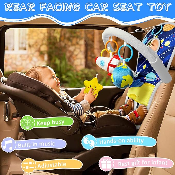 Car Seat Toys for Baby Infant 6 Months and Up, Carseat Toys with Musical Pedal Piano, Baby Mirror and Hanging Squeaky Sensory Soft Baby Toys 6 to 12 Months, Baby Car Toys Rear Facing-CubbioJoy
