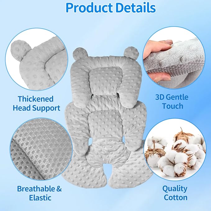 3in1 Baby CarSeat Head Support for Infant, Reversible Soft Infant Car Seat Insert Newborn Boy Girl, Breathable Cotton Head Body Support Pillow Cushion,Stroller,Swing,Bouncer,Baby Registry,Grey-CubbioJoy