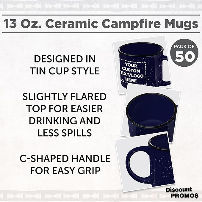 DISCOUNT PROMOS Custom Ceramic Campfire Coffee Mugs 13 oz. Set of 50, Personalized Bulk Pack - Perfect for Tea, Espresso, Cappuccino, Hot Cocoa - Blue-CubbioJoy