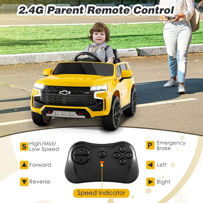 Costzon Ride on Car, 12V Licensed Chevrolet Tahoe Battery Powered Electric Vehicle w/ 2.4G Remote Control, High/Low Speed, Music, Lights, MP3/USB/FM, Spring Suspension, Electric SUV for Kids (Yellow)-CubbioJoy