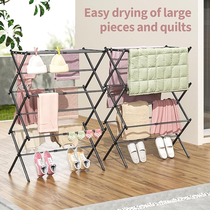 APEXCHASER Clothes Drying Rack, 3-Tier Laundry Drying Rack for Clothes, Expandable Metal Clothing Dryer, Collapsible Towel Rack, Air Drying Rack, Black-CubbioJoy