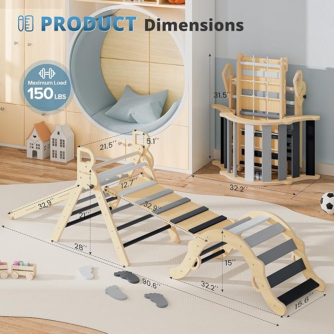 BlueWood 10-in-1 Pikler Triangle Set, Toddler Climbing Toys Indoor, Montessori Climber, Baby Jungle Gyms with Arch, Extra Rope Ladder & Footprint Balance Beam - Grey Twilight-CubbioJoy