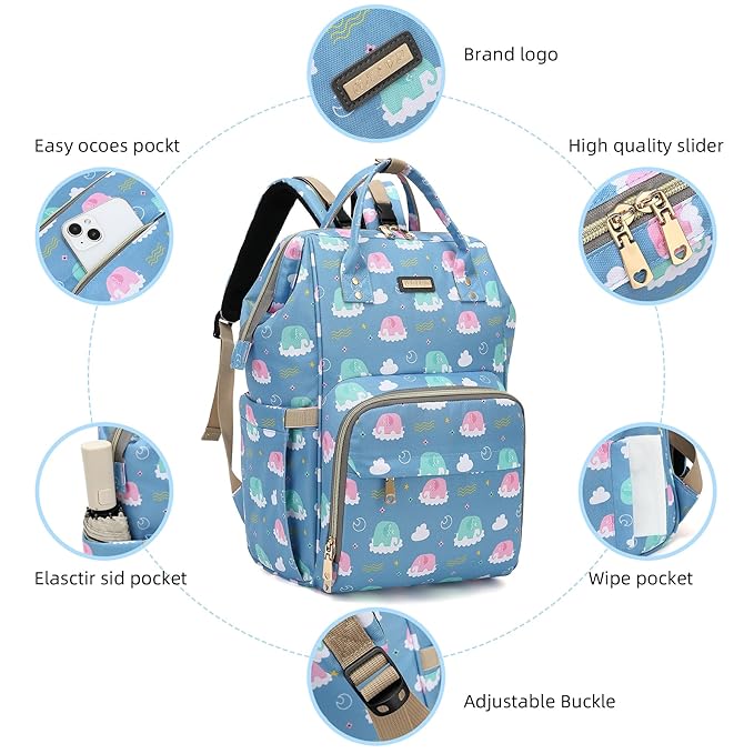 Diaper Bag Backpack, Diaper Bags for Baby Girls Boys, Baby Bags for Moms Dads, Nappy Changing Bag with Insulated Pockets,Multi-functional Waterproof Backpack with Stroller straps-Deep blue elephant-CubbioJoy