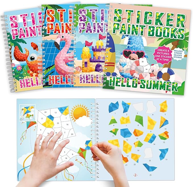 4Pcs Summer Paint by Sticker Books for Kids Ages 4-8 Hello Summer Sticker by Number Books Activity Book for Kids Age 3-5 Puzzle Book Craft Art Toddler Gift with Crab Flamingo Sand Castle 32 Pictures-CubbioJoy