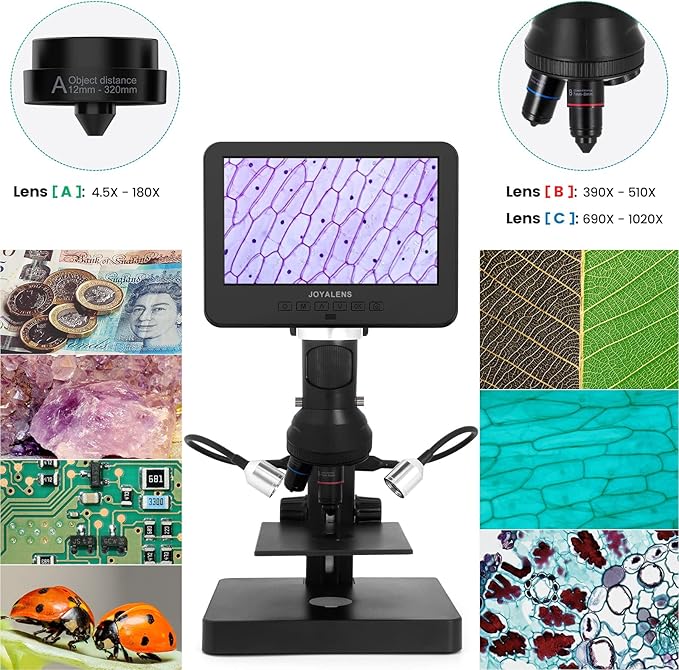 JL246P 3 Lens 7'' LCD Digital Microscope 1000X, Biological Microscope with Prepared Slides for Adults and Kids,12MP for Coin Microscope Full Coin View, 32G Card, Multiple Lights-CubbioJoy