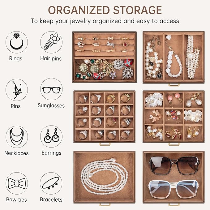 AKOZLIN 6-Tier Jewelry Box Organizer Functional 5 Drawers Leather Jewelry Storage Case for Women Girls Ring Necklace Earring Bracelet Holder Organizer with Mirror Brown-CubbioJoy