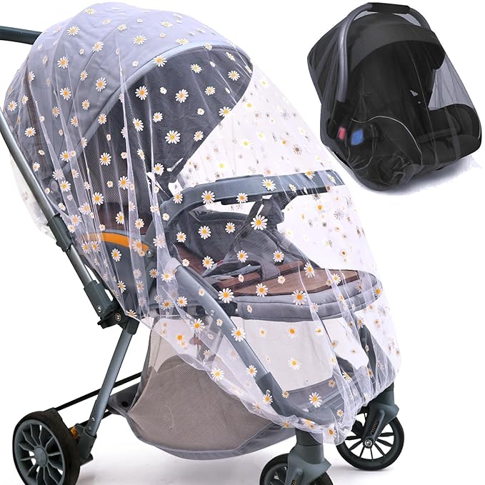 Baby Stroller Mosquito Net (2 Pack) - Durable Mesh Protection for Bassinets, Cradles, Playards, Pack N Plays & Portable Mini Cribs | Breathable Universal Fit Insect Barrier (Black + Daisy)-CubbioJoy