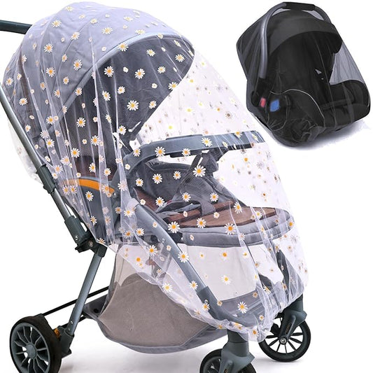 Baby Stroller Mosquito Net (2 Pack) - Durable Mesh Protection for Bassinets, Cradles, Playards, Pack N Plays & Portable Mini Cribs | Breathable Universal Fit Insect Barrier (Black + Daisy)-CubbioJoy