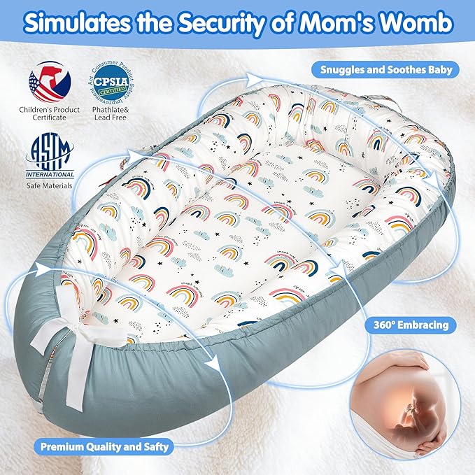 Baby Lounger - Baby Lounger for Newborn 0-24 Months, Breathable & Soft Baby Nest, Portable and Lightweight Lounger for Home and Travel, Ideal Newborn Babies Essentials (Blue-Rainbow)-CubbioJoy