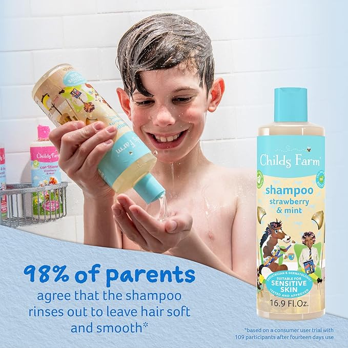 Childs Farm, Kids Shampoo for Dry, Sensitive, Eczema-prone Skin & Scalp, Strawberry & Organic Mint, Detangles & Nourishes, Vegan, Cruelty-Free, 16.9 fl oz-CubbioJoy