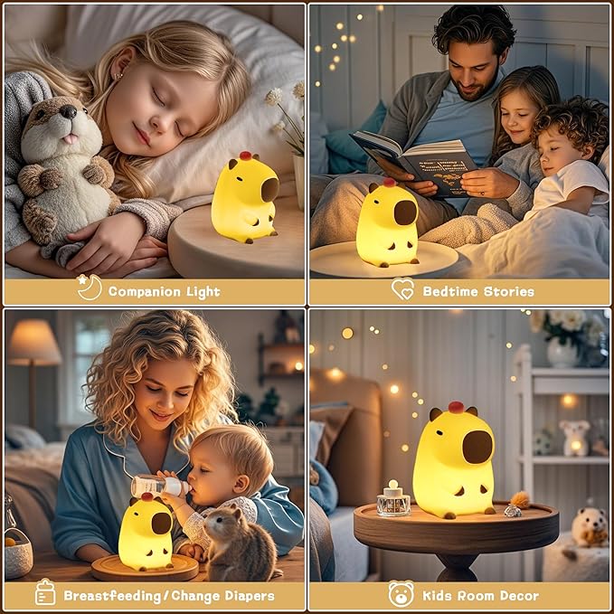 Capybara Night Light,Cute Tangerine LED Squishy Novelty Animal Night Lamp,Dimmable Soft Silicone Nursery Nightlight for Kids, Rechargeable Bedroom Touch Lamp, Dorm Decor, Baby Boys Girls Gift-CubbioJoy
