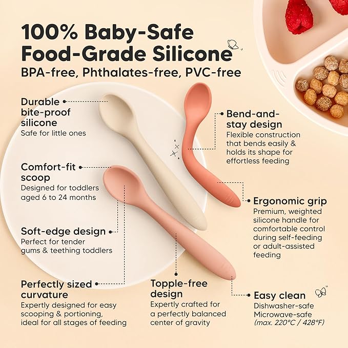 KeaBabies Silicone Baby Spoons, Self Feeding 6-12 months - 3-Pack Baby Weaning Eating Utensils, Toddler First Food Training Spoon, Infant, Kids Feeding Supplies Essential Set,Dishwasher-safe (Roseate)-CubbioJoy