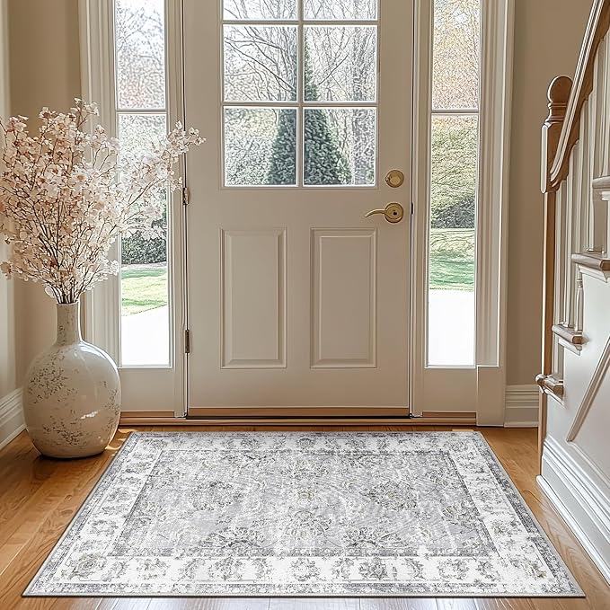 jinchan Floral 3x5 Area Rugs for Entryway - Machine Washable Taupe Vintage Distressed Design Doormat Non-Slip Ultra-Thin Low Pile Boho Rug for Kitchen Living Room Bedroom Farmhouse (3‘x5',Grey)-CubbioJoy