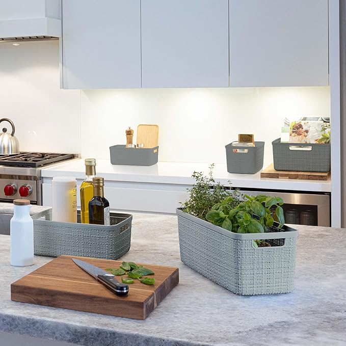 Curver Jute Decorative Plastic Organization and Storage Basket Perfect Bins for Home Office, Closet Shelves, Kitchen Pantry and All Bedroom Essentials, Set of 8 Grey-CubbioJoy