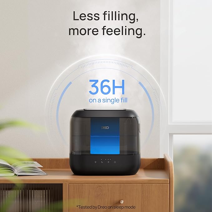 Dreo Top Fill 4L Humidifiers for Bedroom, 36H Runtime, 28 dB Quiet Cool Mist Supersized Air Humidifier for Large Room, Plants, Baby Nursery, Indoor, Night Light, Easy to Clean & Fill, Black-CubbioJoy
