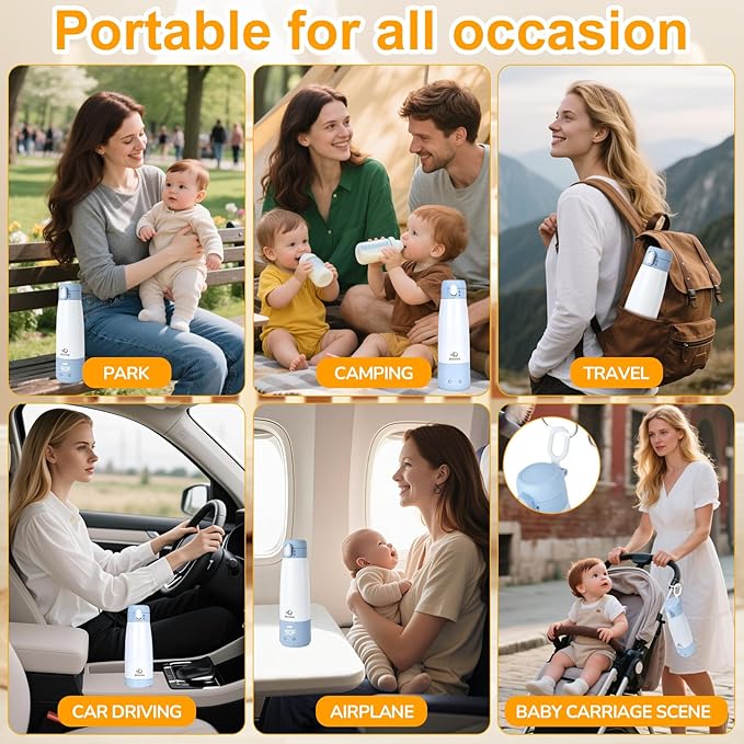 BEBOAN Portable Bottle Warmer for Travel On The Go, Portable Milk Warmer 5-Temp Setting with Lock 12oz Large Capacity, Cordless for Heating Breast Milk Charging with 55w Charger to Get Fast Charging-CubbioJoy