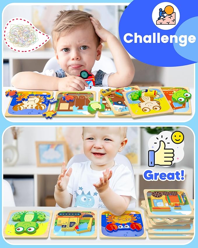 Benresive Wooden Toddler Puzzles, Montessori Toys for 1 2 3 Year Old Boys, Toys for 1 2 3 Year Old Boy Birthday Gifts, 12 Pack Vehicle Toddler Learning Educational Puzzles-CubbioJoy