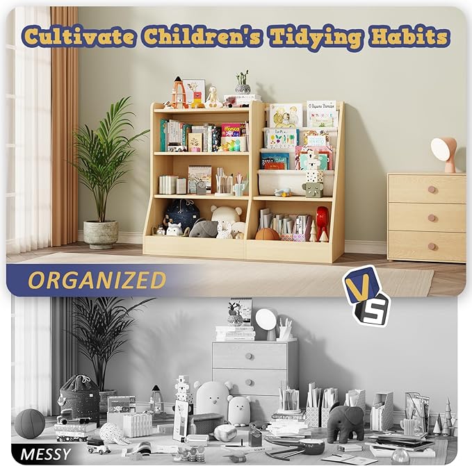 39" Large Kids Wooden Bookshelf and Toy Storage Organizer, Baby Bookcase with Sling Book Rack, Children Toddler Wooden Book Shelf for kids rooms, Playroom, Classroom, Nursery, School (Natural)-CubbioJoy