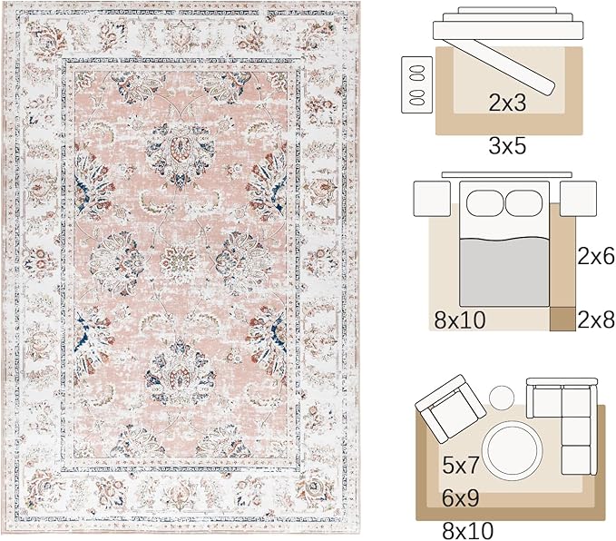 jinchan Vintage Floral 5x7 Area Rugs for Bedroom - Machine Washable Distressed Design Stain Resistant Boho Carpet Ultra-Thin Low Pile Non-Slip for Living Room Dining Room Kitchen (5‘x7',Pink)-CubbioJoy