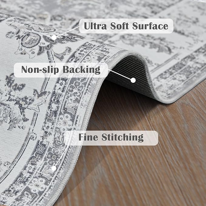 jinchan Runner Rug 3x10-2pcs Kitchen Washable Vintage Hallway Rug Floral Print Floor Cover Indoor Thin Retro Mat Accent for Bathroom Laundry Room Bedroom Office Farmhouse (Double,Grey)-CubbioJoy