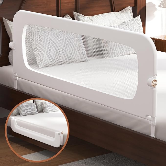 Bed Rail for Toddlers, Baby Bed Rail Guard for Kids, Toddler Bed Rails with Reinforced Anchor Fit, Height Adjustable & Foldable Bed Rail Guard for Twin, Full, Queen & King Beds (White, 59IN)-CubbioJoy