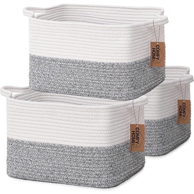 COMFY-HOMI 3-Pack Cotton Rope Woven Basket with Handles for Shelves, Book, Cloth Basket|Dog Toy Basket for Organizingy|13.5" x 11" x 9.5" for Bedroom（White/Grey）-CubbioJoy
