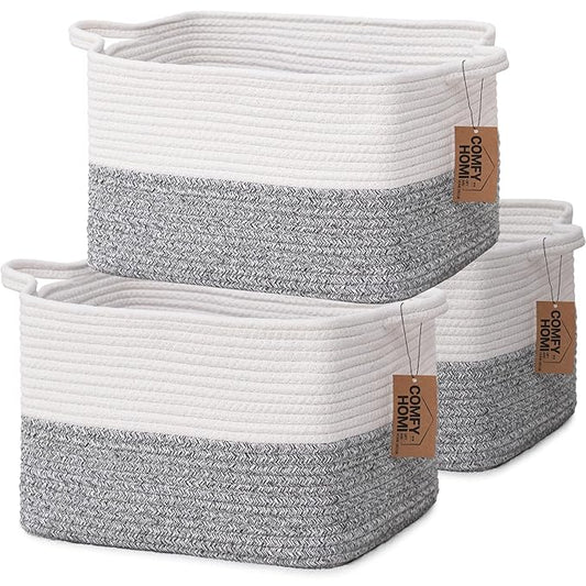 COMFY-HOMI 3-Pack Cotton Rope Woven Basket with Handles for Shelves, Book, Cloth Basket|Dog Toy Basket for Organizingy|13.5" x 11" x 9.5" for Bedroom（White/Grey）-CubbioJoy