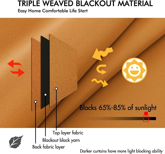 ANRODUO Back Tab Blackout Curtains for Bedroom Living Room, Rod Pocket Pinch Pleated Thermal Insulated Room Darkening Curtains 96 Inches Long 2 Panels, Mustard Yellow, 42 x 96 Inch-CubbioJoy