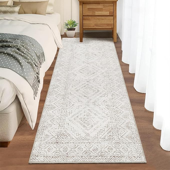 COZYLOOM Runner Rug 2x8 Living Room Washable Rugs Stain Resistant for Bedroom Soft Floor Carpet Non Slip Distressed Geometric Carpet for Dining Room Laundry Room Office, Ivory-CubbioJoy