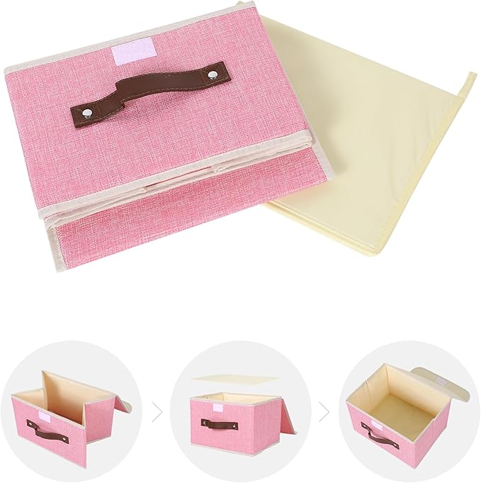 ANMINY Storage Bin with Lid Storage Boxes with PU Leather Handles PP Plastic Board Decorative Foldable Lidded Cotton Linen Fabric Home Cubes Baskets Closet Organizer Container - Pink, Small Size-CubbioJoy