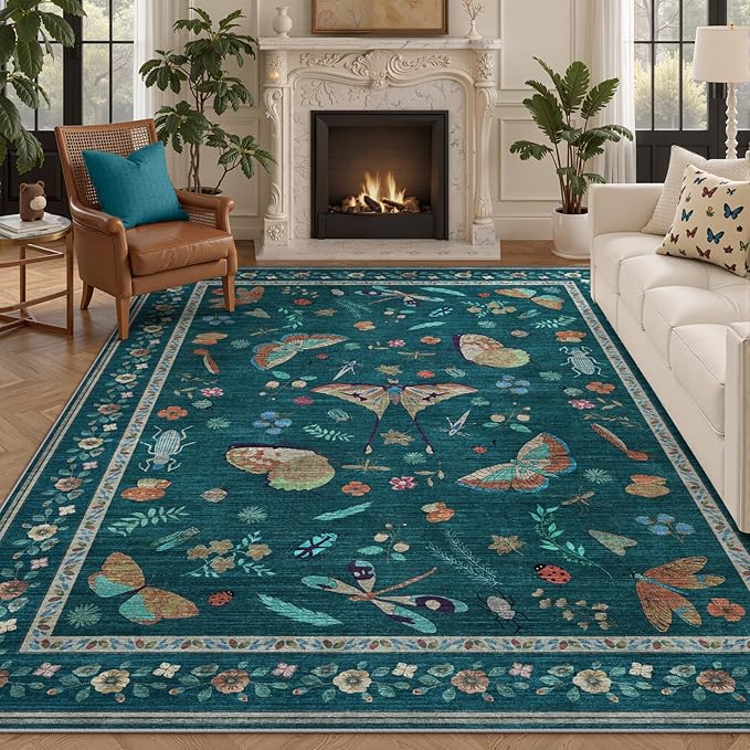 8x10 Area Rugs with Insect Print - Bug Rug Non-Shedding Stain Resistant Soft Carpet for Bedroom, Low Pile Ultra-Thin Machine Washable Carpet for Dining Room, Kids Nursery, Office (8'x10' Teal)-CubbioJoy
