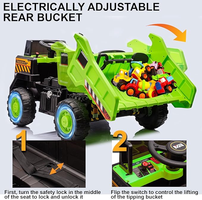 24V Ride On Dump Truck, 24inch-2 Seater Ride On Car for Kids w/Remote Control 4WD/2WD Up to 5 Mph, 24v Ride on Toys for Big Kids w/Electric Dump Bed Extra Shovel Traffic Cones (Green)-CubbioJoy