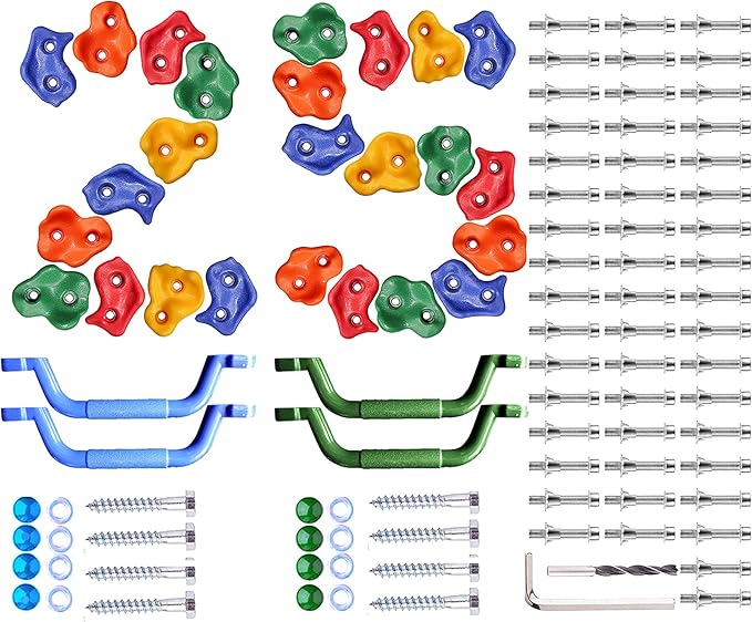 25 Pcs Colourful Pig Nose Shape Rock Climbing Holds with Blue & Green Auxiliary Handles, Indoor Outdoor Playground Wooden Play Set Build Exercise Toy Accessory - Mounting Hardware Kit Included-CubbioJoy