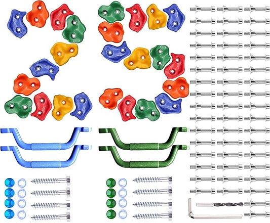 25 Pcs Colourful Pig Nose Shape Rock Climbing Holds with Blue & Green Auxiliary Handles, Indoor Outdoor Playground Wooden Play Set Build Exercise Toy Accessory - Mounting Hardware Kit Included-CubbioJoy