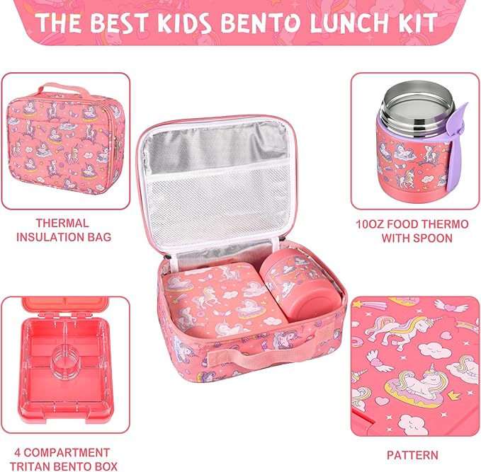 Bento Lunch Box Set With 10oz Soup Thermo, Leak-proof Lunch Containers with 4 Compartment, Kids Hot Thermo Food Jar/Insulation Lunch Bag, Food Containers for School-CubbioJoy
